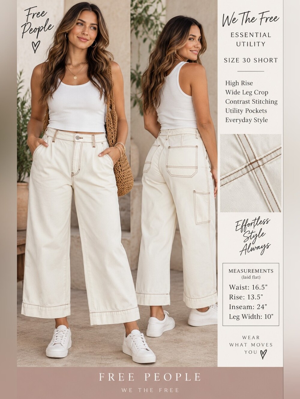 Free People We The Free Essential Utility Pants Sz 30 Short Ivory Wide Leg Crop